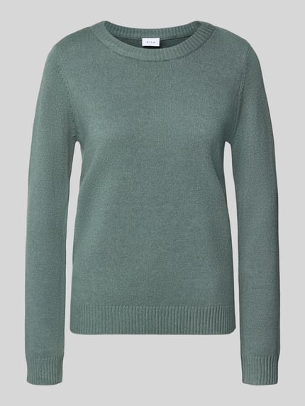 Produktfoto, Strickpullover aus Viskose-Mix von VILA in gedecktem Grün, taillierte Passform, gerippte Abschlüsse, texturierte Oberfläche
