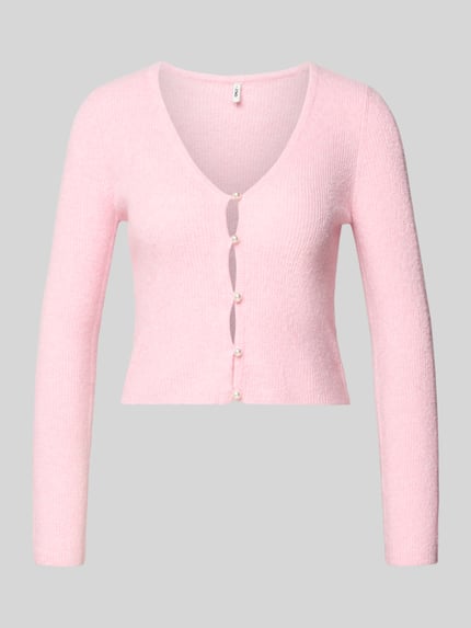 Produktfoto, Regular Fit Strickjacke mit Perl-Optik-Knöpfen Modell 'RICA LIFE' von ONLY, Optik: Unifarben, V-Ausschnitt, Langarm, Rippstrick.