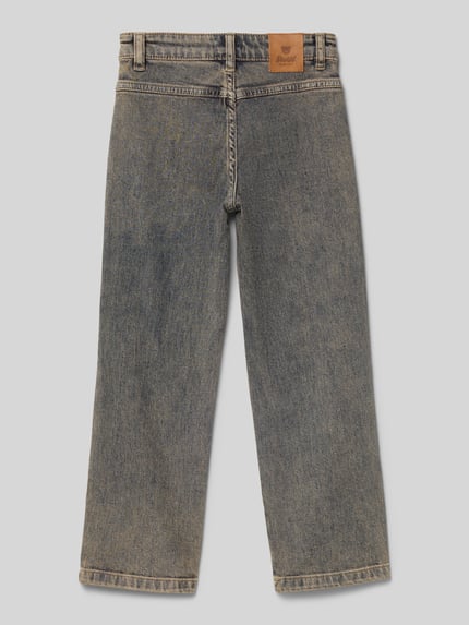 Produktfoto, Straight Fit Jeans mit aufgesetzten Taschen von Steiff aus elastischem Baumwoll-Mix in Blau, sichtbare aufgesetzte Taschen, Bundweite 27 cm, Innenbeinlänge 50 cm, klassische Jeansstruktur