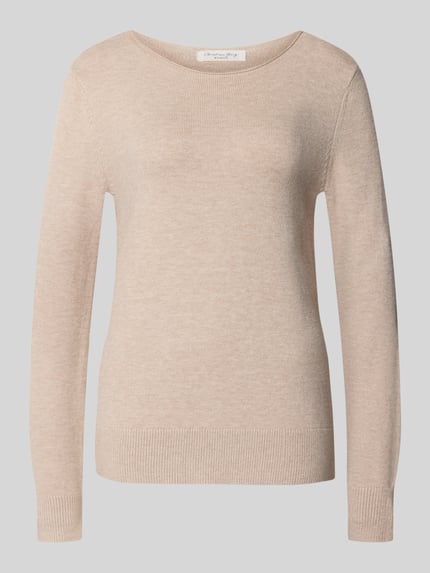 Produktfoto, Regular Fit Strickpullover aus Viskose-Mix mit U-Boot-Ausschnitt von Christian Berg Woman, beige, gerippte Abschlüsse, langärmlig