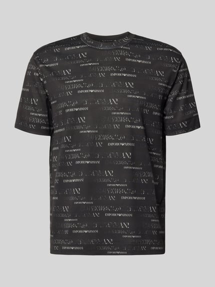 Produktfoto, T-Shirt mit Logo-Muster und Rundhalsausschnitt von Emporio Armani, schwarzer Lyocell-Baumwoll-Mix, Regular-Fit, Herren, Rückseite 70 cm Rückenlänge in Größe M, feine strukturierte Oberfläche