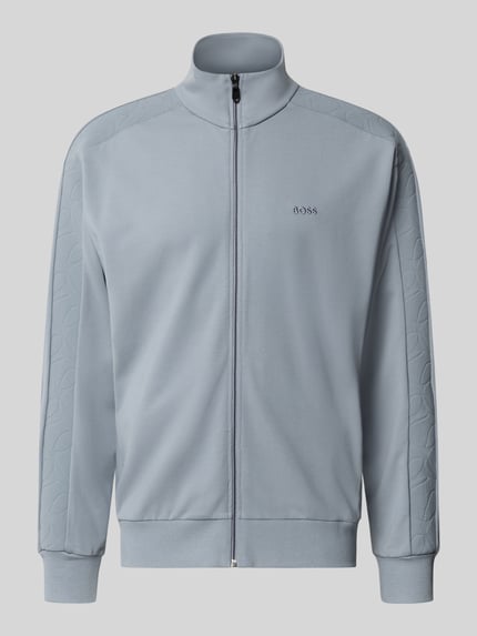 Produktfoto, hellblaue Regular Fit Sweatjacke aus Viskose-Mix Modell 'SW_Union Tape FZ' von BOSS Green, glatte Textur, vorne fotografiert