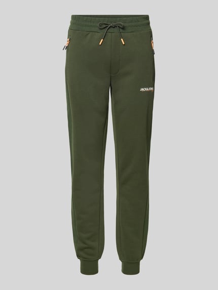 JACK & JONES Spodnie dresowe o kroju slim fit z nadrukiem z logo model ‘Gordon’ Oliwkowy 2