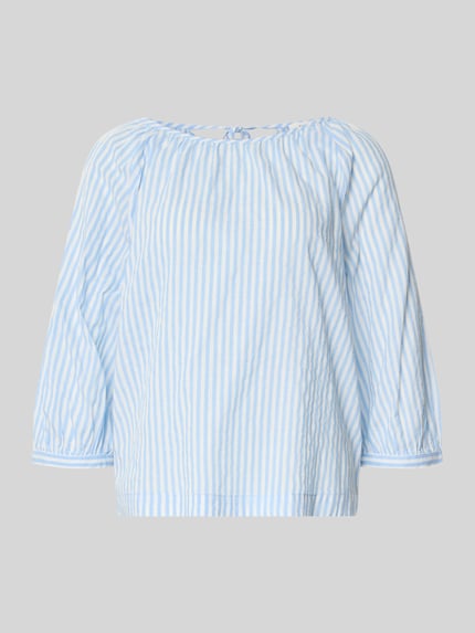 Produktfoto, Relaxed Fit Bluse aus Baumwoll-Viskose-Mix von s.Oliver RED LABEL mit Optik:Allover-Muster, gestreift, hellblau-weiß, 3/4-Arm, Bindeband, U-Boot-Ausschnitt, Ballonärmel, glatte Textur