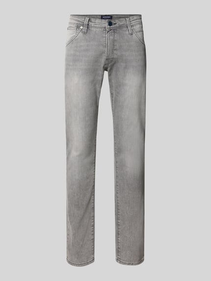 Produktfoto, Slim Fit Jeans im Used-Look Modell 'GLENN' von Jack & Jones, bawełniana tkanina z domieszką stretchu, krój slim fit, kieszenie ukośne, pas 42 cm, długość nogawki 82 cm w rozmiarze 32/34