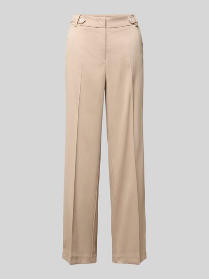 Produktfoto, Hose mit Bügelfalten und Eingrifftaschen von More & More in Beige, Material-Mix mit Viskose-Anteil, Regular-Fit, Paspeltaschen am Gesäß, Bundweite 38 cm bei Größe 36, Innenbeinlänge 79 cm bei Größe 36, glatte Oberfläche, schlichte Optik