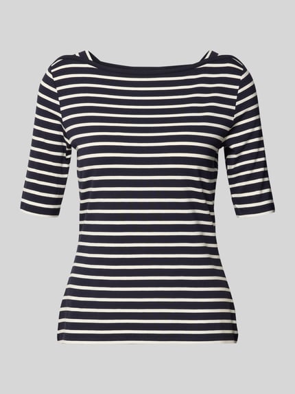Produktfoto, T-Shirt mit U-Boot-Ausschnitt von comma, schwarz-weiß gestreift, Slim Fit, Viskose-Elasthan-Mix, Halbarm, glatte Struktur