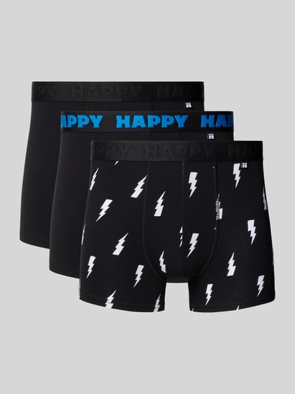 Productfoto, Trunks met elastische tailleband in 3-pack van Happy Socks, katoen-elastaanmix, nauwsluitende pasvorm, zwart met bliksemprint