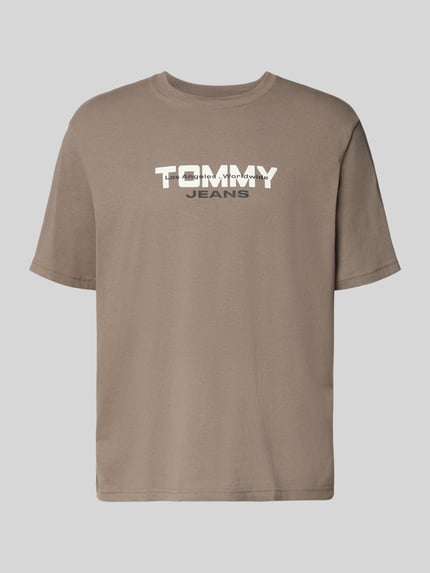 Productfoto, Regular Fit T-Shirt aus reiner Baumwolle van Tommy Jeans, effen taupekleur, label-opdruk, ronde hals, korte mouw, webstof