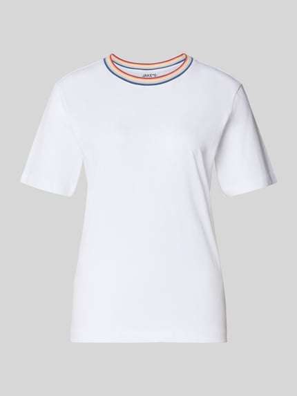 Produktfoto, T-Shirt aus reiner Bio-Baumwolle von Jake*s Casual in Weiß, Rundhalsausschnitt mit buntem Rand, gerader Schnitt, glatte Textur