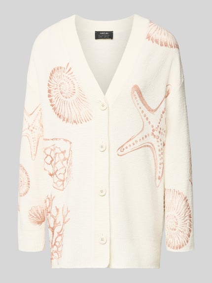 Produktfoto, Cardigan mit V-Ausschnitt im Allover-Look von Marc Cain im Creme-Rosé-Farbton, Baumwoll-Mix, Relaxed-Fit, Knopfleiste, Meeresmotive
