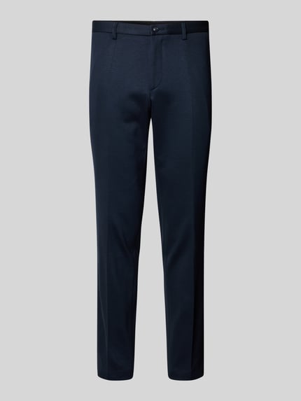 Produktfoto, Slim Fit Jersey Stoffhose aus Viskose-Mix von Roy Robson, dunkelblau, Bügelfalten, Gesäßtaschen, Knopf-Reißverschluss, Elastischer Viskose-Mix, Bundweite 44 cm, Innenbeinlänge 82 cm, für Herren.