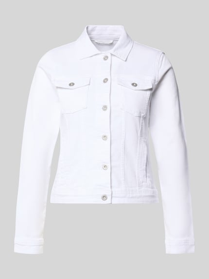 Produktfoto, Regular Fit Jeansjacke aus Baumwoll-Mix von Tom Tailor, efekt: jednolity kolor, wykładany kołnierz, listwa guzikowa, aplikacja z metką, długi rękaw, zakończenie rękawów: guzik, zapięcie w talii, kieszenie na piersi, wpuszczane kieszenie, wykończenie materiału: denim, mieszanka bawełny.