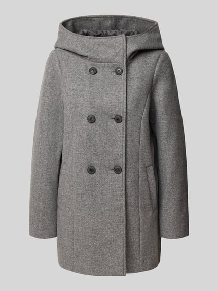 Productfoto, Wollmantel mit Kapuze van VERO MODA in effen grijs, dubbele knopenrij, lange mouw, afgeronde zoom, zijdelingse steekzakken