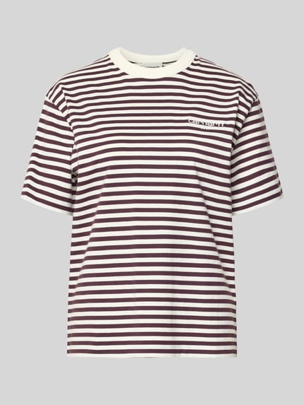 Produktfoto, T-Shirt mit Label-Stitching von Carhartt Work In Progress, bawełna, krój relaxed fit, model 'Ezra', paski, dekolt okrągły