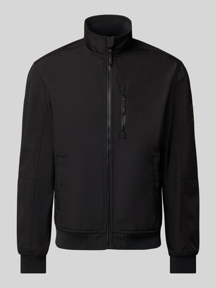 Produktfoto, schwarze Regular Fit Bomberjacke mit Stehkragen Modell 'Parker' von Jack & Jones, Softshell, Eingrifftaschen, elastische Abschlüsse