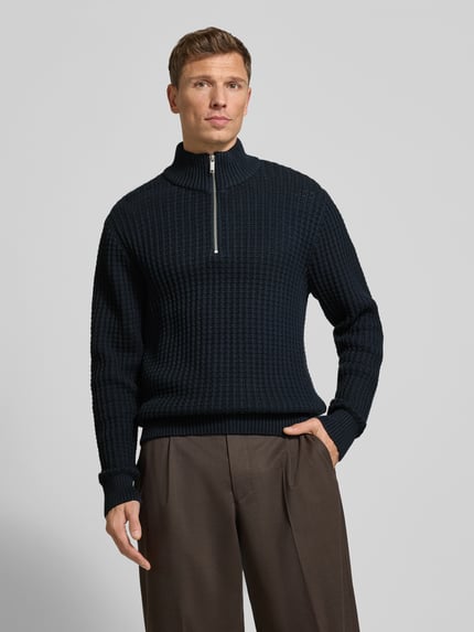 Selected Bluza o kroju regular fit z kołnierzem i fakturą wafla model ‘TOM’ Granatowy 4