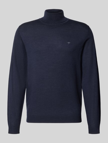Produktfoto, Rollkragenpullover mit Label-Stitching von Fynch-Hatton, reine Baumwolle, navy, Regular Fit, gerippte Abschlüsse, glatte Textur