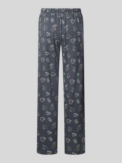 Produktfoto, Pyjama-Hose mit elastischem Bund und Kordelzug von SCHIESSER, dunkelblau mit buntem Tassenmuster, Baumwoll-Mix mit Stretch-Anteil, Loose Fit