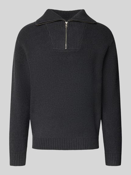 Produktfoto, Oversized Strickpullover mit Baumwoll-Anteil von Lindbergh in Dunkelgrau, Ripp-Struktur, Troyer-Kragen, elastischer Material-Mix