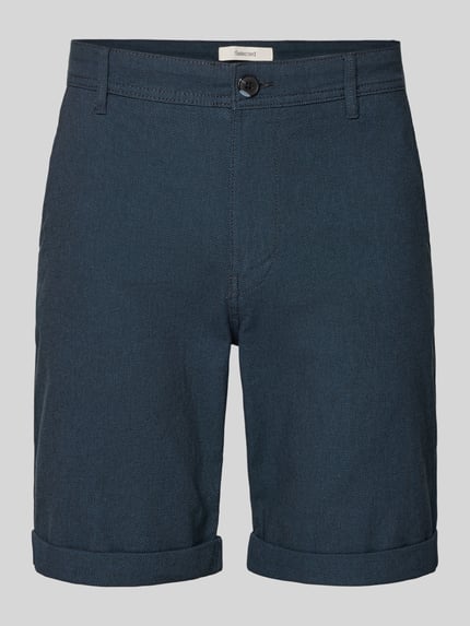 Produktfoto, dunkelblaue Slim Fit Chinoshorts aus Baumwoll-Mix Modell 'LUTON' von SELECTED HOMME, feine Webstruktur, unifarben, Label-Applikation, Gürtelschlaufen, Knopf- und Reißverschluss, seitliche Eingrifftaschen, Gesäßtaschen mit Knopf