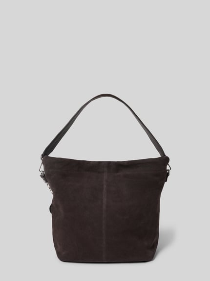 Productfoto, Handtasche aus echtem Veloursleder Modell 'Lya' van LIEBESKIND BERLIN in donkerbruin suède met reliëflogo, hoofdvak met tunnelkoord, afneembare schouderband, breedte maat 1: 44 cm, lengte maat 1: 36 cm, diepte maat 1: 16 cm, bandlengte maat 1: 120 cm