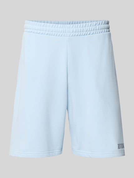 Produktfoto, Regular Fit Shorts mit Label-Stitching von REVIEW in Hellblau, elastischer Bund, Baumwoll-Mix, glatte Textur, Vorderansicht.