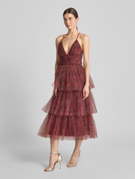 Lace & Beads Knielanges Cocktailkleid mit Volants Bordeaux 1