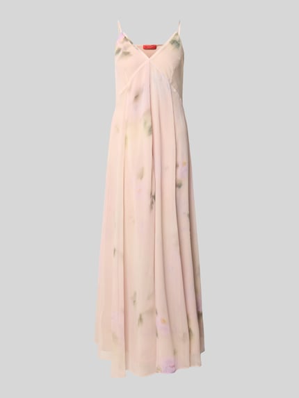 Produktfoto, Tailliertes Abendkleid mit V-Ausschnitt von MAX&Co., Optik: Allover-Muster, Passform: tailliert, Länge: Maxi, Spaghettiträger, Chiffon, zarte Pastellfarben, fließende Textur
