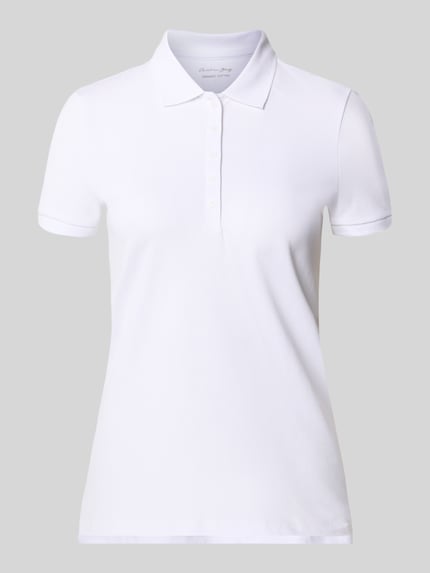 Produktfoto, weißes Slim Fit Poloshirt mit Knopfleiste aus Baumwoll-Elasthan-Mix, Seitenschlitze, Rückenlänge 62 cm, von Christian Berg Woman.