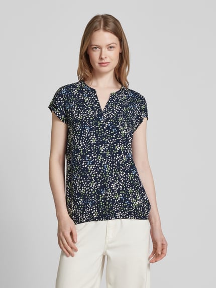 Tom Tailor Loose fit blouse met korte mouwen van pure viscose met all-over motief Donkerblauw - 4