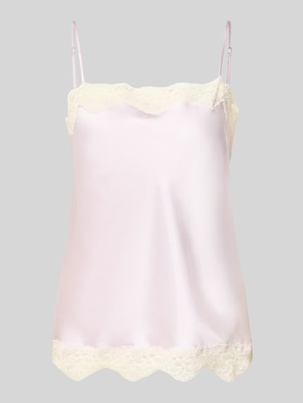 Produktfoto, Trägertop mit Spitzenbesatz Modell 'DELICAT' von MANGO aus Satin in zartem Rosa, Regular-Fit, Spaghettiträger, Rückenlänge bei Größe S: 41 cm, glatte Oberfläche mit hellen Spitzenakzenten.