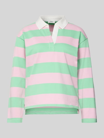 Produktfoto, Regular Fit Poloshirt aus reiner Baumwolle von s.Oliver RED LABEL in Rosa-Grün gestreift, Piqué-Optik, Polokragen, Label Stitching, langarm, Seitenschlitze, asymmetrisch