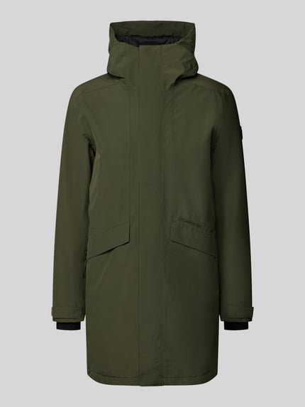 Produktfoto, Regular Fit Parka mit Kapuze Modell 'Kenny' von Didriksons w kolorze oliwkowym, wpuszczane kieszenie, długość tyłu w rozmiarze M: 99 cm, szerokość ramion w rozmiarze M: 48 cm, szerokość klatki piersiowej w rozmiarze M: 59 cm, długość rękawów w rozmiarze M: 72 cm