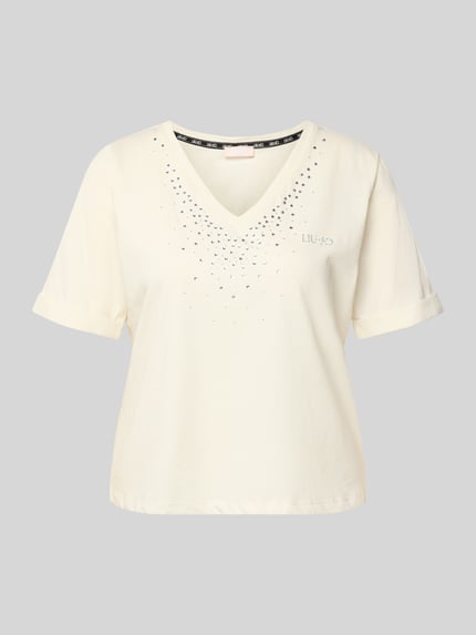 Liu Jo Sport T-Shirt mit Strasssteinbesatz und V-Ausschnitt Offwhite 2