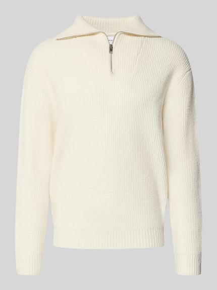 Produktfoto, Oversized Strickpullover mit Baumwoll-Anteil von Lindbergh in Creme, Ripp-Struktur, Troyer-Kragen, langärmelig, elastischer Material-Mix