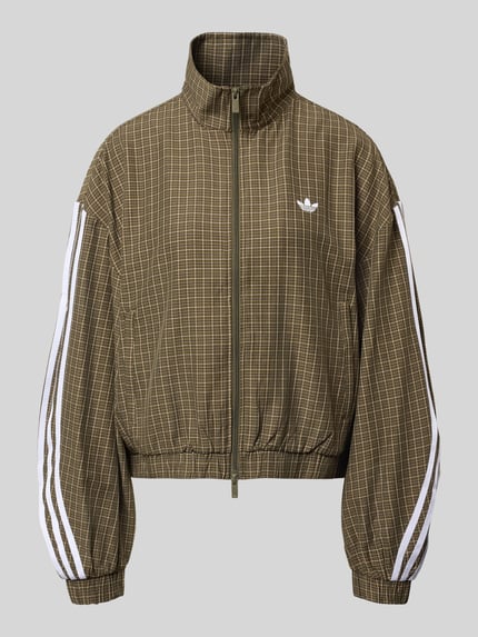 Produktfoto, Regular Fit Sweatjacke aus Viskose-Mix von adidas Originals, damska bluza dresowa w odcieniach oliwkowym i białym, delikatna krata, tekstura gładka