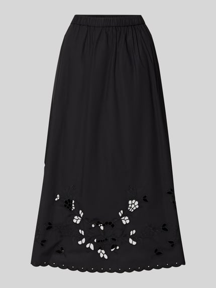 Produktfoto, Ausgestellter Maxi-Rock aus reiner Baumwolle Modell 'CARAVAN' von Weekend Max Mara in Schwarz mit floralen Allover-Lochstickereien, Elastisch am Bundabschluss, Materialverarbeitung: Popeline, Optik:Allover-Muster, Länge: Maxi, reine Baumwolle.