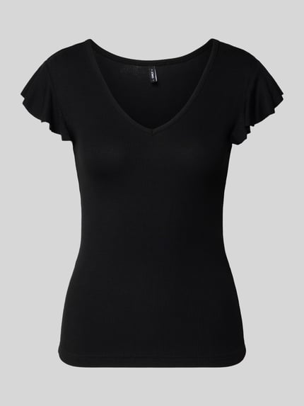 Produktfoto, Slim Fit Top aus Viskose-Mix Modell 'BELLA' von Only, Optik: Unifarben, Kurzarm, V-Ausschnitt, Materialverarbeitung: Jersey.