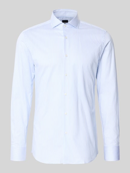 Productfoto, Slim Fit Businesshemd met extra lange mouw model 'H-HANK-SP-C1' van OLYMP, lichtblauw-wit allover streep, haai kraag, 1-knoop manchet, strijkvrij katoenmix