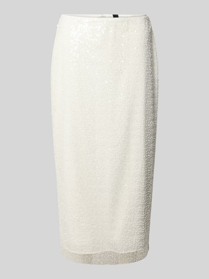 Produktfoto, Bleistiftrock mit rückseitigem Gehschlitz von Marc Cain, weiß, Paillettenbesatz, Körpernaher-Schnitt, Midirock, glatte Textur, Größenangaben 36: Bundweite 39 cm, Gesamtlänge 80 cm