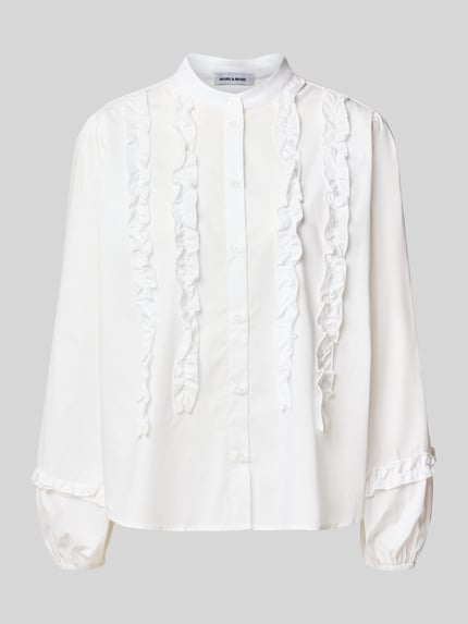 Produktfoto, Regular Fit Bluse aus Baumwoll-Mix mit Rüschenbesatz von MORE & MORE, weiß, elastischer Stoff, Stehkragen, lange Ärmel, Knopfleiste, Damenmode