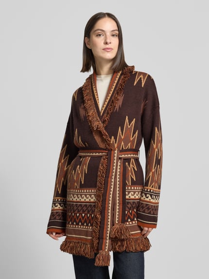 Stefanel Relaxed Fit Strickjacke aus Woll-Mix mit Fransen Mittelbraun 4