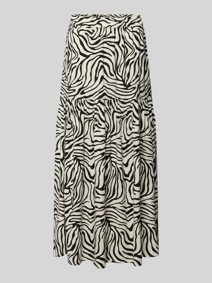 Productfoto, Maxirok uit linnen-viscosemix model 'FALAKKA' van B.Young, a-lijn, allover print, elastische tailleband, zwart-wit zebra patroon, zachte textuur, context: dames maxirok, taillewijdte maat 36: 38 cm, totale lengte maat 36: 96 cm