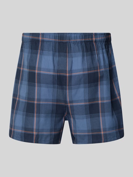 Produktfoto, Boxershorts aus reiner Baumwolle im Zestaw 2 szt. von SCHIESSER, krój regular fit, bawełna, pas elastyczny, detal z logo, kratka, odcienie niebieskiego i pomarańczowego