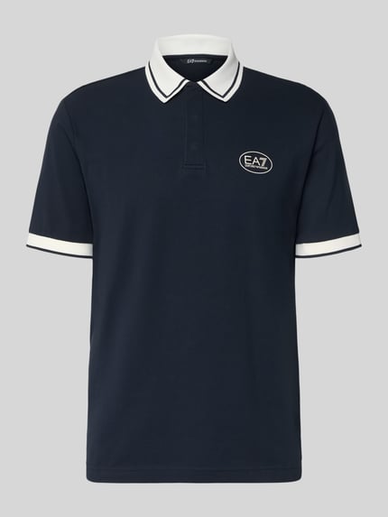 Productfoto, Regular Fit Poloshirt met logo-print van EA7 Emporio Armani in elastische katoenmix, polokraag, korte mouwen, donkerblauw met witte accenten