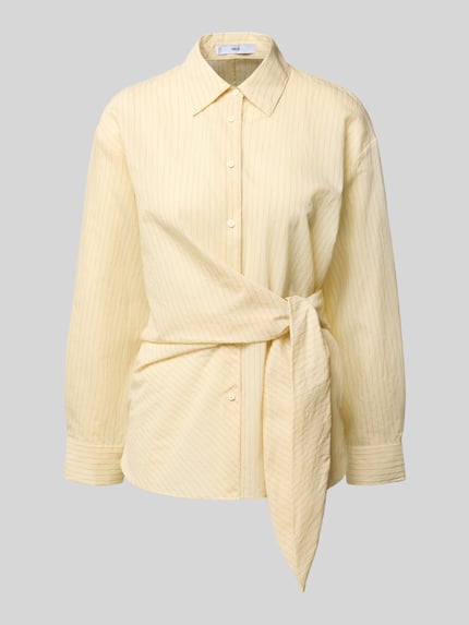 Produktfoto, Regular Fit Bluse mit Knotendetail Modell 'CHIPITI' von Mango, Baumwoll-Mix, hellgelb, Hemdblusenkragen, Knopfleiste, strukturierte Oberfläche