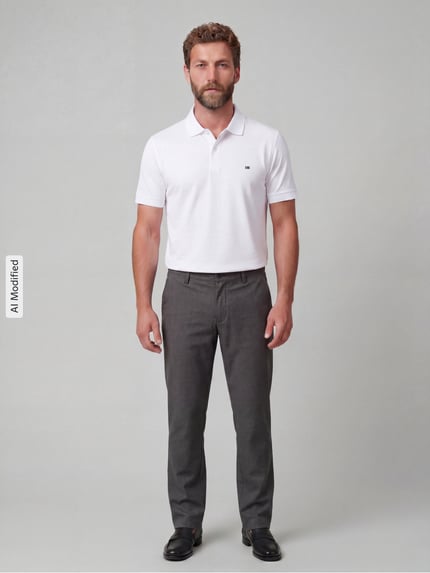 Männermodel trägt Tapered Fit Stoffhose mit Viskose-Anteil Modell 'Phil' von Brax in Dunkelgrau, Herren Gerade Hose, Ganzkörperansicht von vorne.