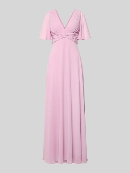 Produktfoto, Sukienka wieczorowa Regular Fit Abendkleid mit V-Ausschnitt von Jake*s Cocktail, różowa, szyfon, krój regular fit, dekolt w serek, plisy, rękaw o dł. 1/2, dekolt na plecach, wszyty zamek błyskawiczny, halka pod spódnicę, długość tyłu w rozmiarze 36: 126 cm, szerokość w rozmiarze 36: 40 cm, długość rękawów w rozmiarze 36: 29 cm