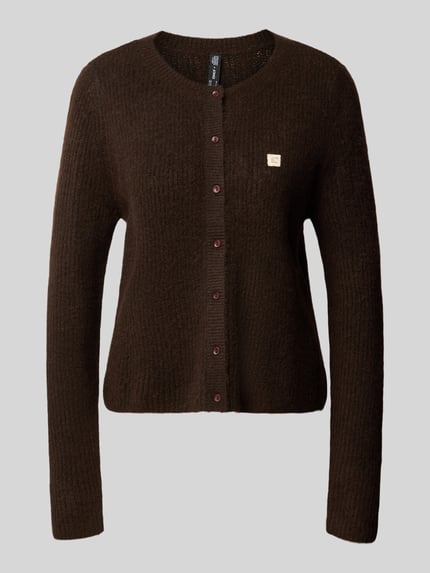Produktfoto, Cardigan mit Label-Patch Modell 'ONLVIGGA' von ONLY in dunkelbrauner Strickoptik, Strukturmuster, Knopfleiste, unifarben